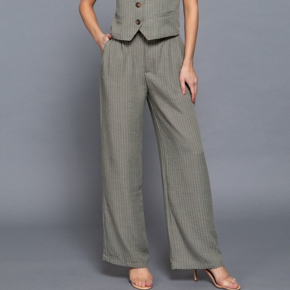 Linen Effect Pants in Olive/Ivory Stripe